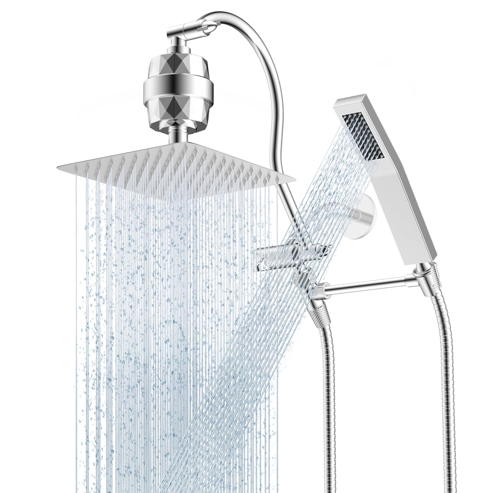 Photo 1 of Hibbent All Metal 10'' Filtered Rainfall Shower Head Combo, High Pressure Handheld Shower Wand, 12'' Adjustable Curved Extension Arm, 20 Stage Shower Filter, 71'' Hose, Shower Head Holders, Chrome