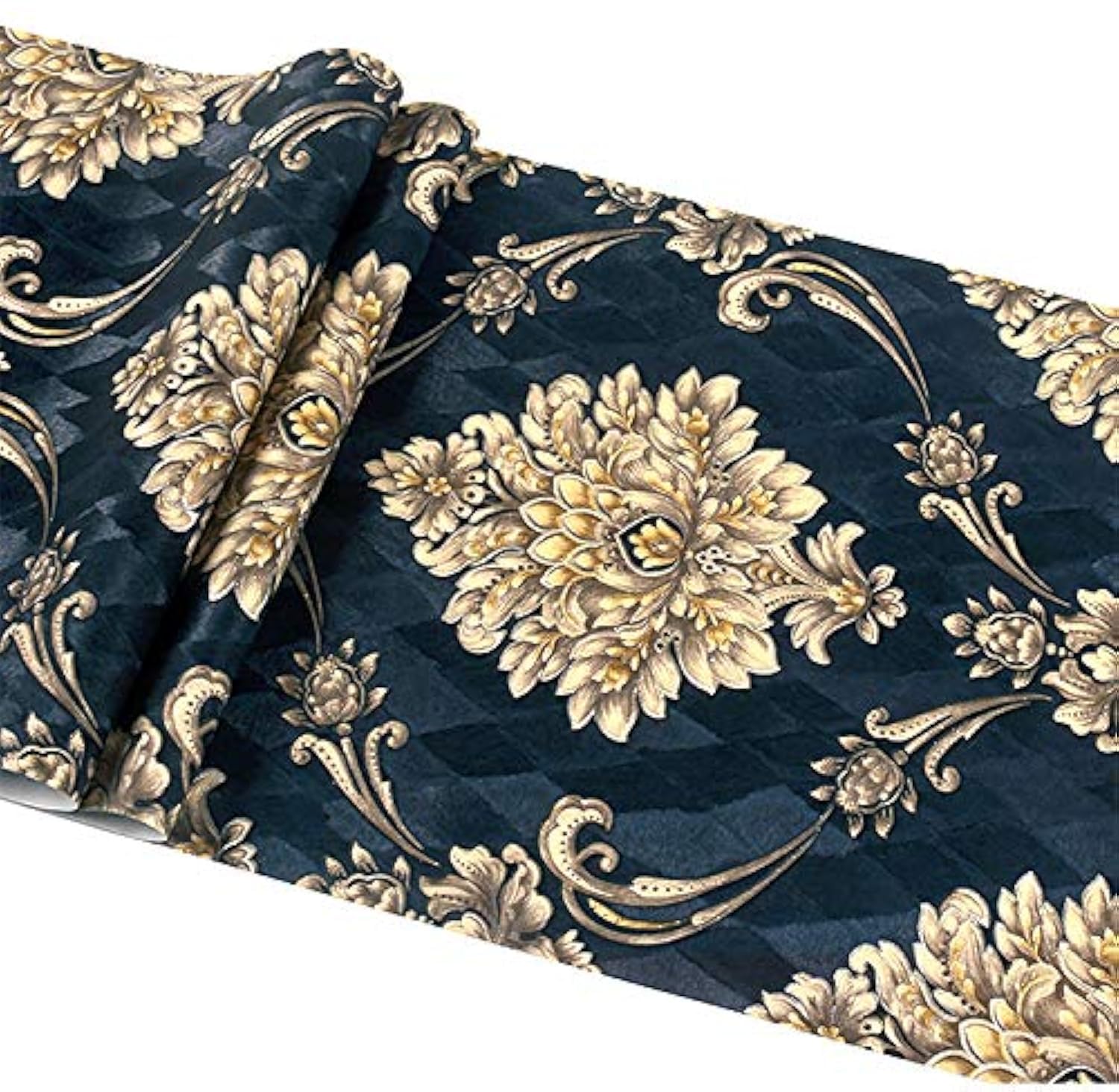 prior.choice 9.5X0.53M Retro AB Vintage Damask Stripes Waterproof Deep Embossed Textured PVC Wallpaper Roll for Bedroom Livingroom 1.73' W x 31.2' L=5.035㎡ (54sq.ft) (A Dark Blue Damask)