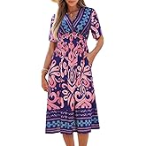 CUPSHE Summer Womens Summer Dresses V Neck Short Sleeve Vacation Casual Smocked Beach Midi Wedding Guest Dress