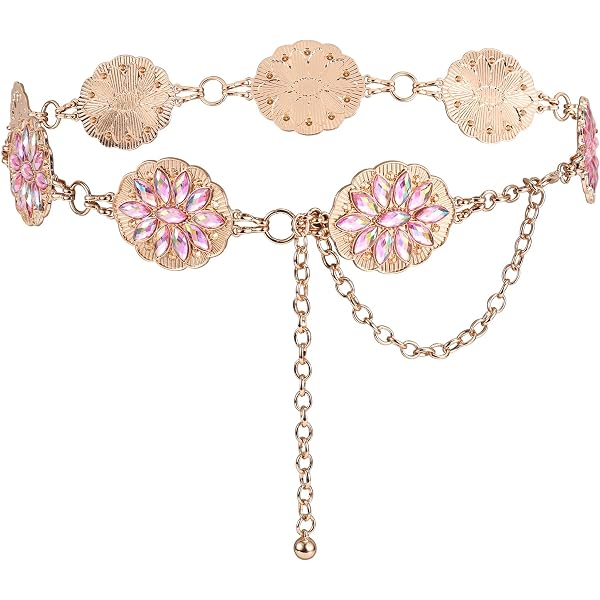 Rhinestone Concho Belt Gold Metal Western Pink Chain Waist Jewelry for Women Angel Ranch Western Chain Conchos Cowgirl Belt – Rock main image 3