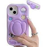 TUFTA Cute 3D Flower Phone Case for iPhone 16 Pro - Retractable Stand & Grip with Floral Design - Girly Aesthetic Kawaii Soft Silicone Phone Cover for Women, Girls, Kids and Teens, Purple