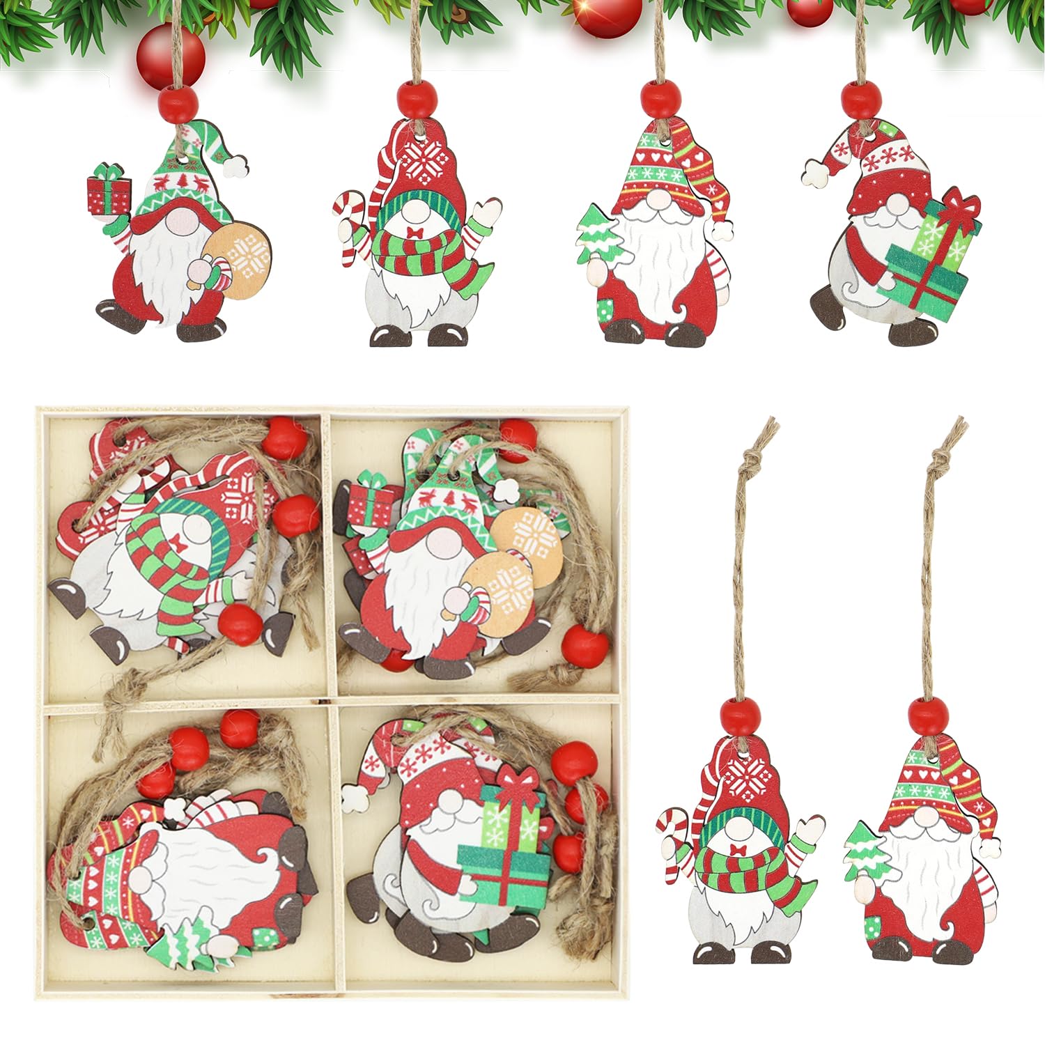 CHEERYMAGIC Wooden Christmas Tree Decoration,12PCS Christmas Wooden Ornaments Gnomes Tree Pendant Xmas Hanging Ornaments Xmas Party Decoration Gifts Tags A4WLLRGJ (B)