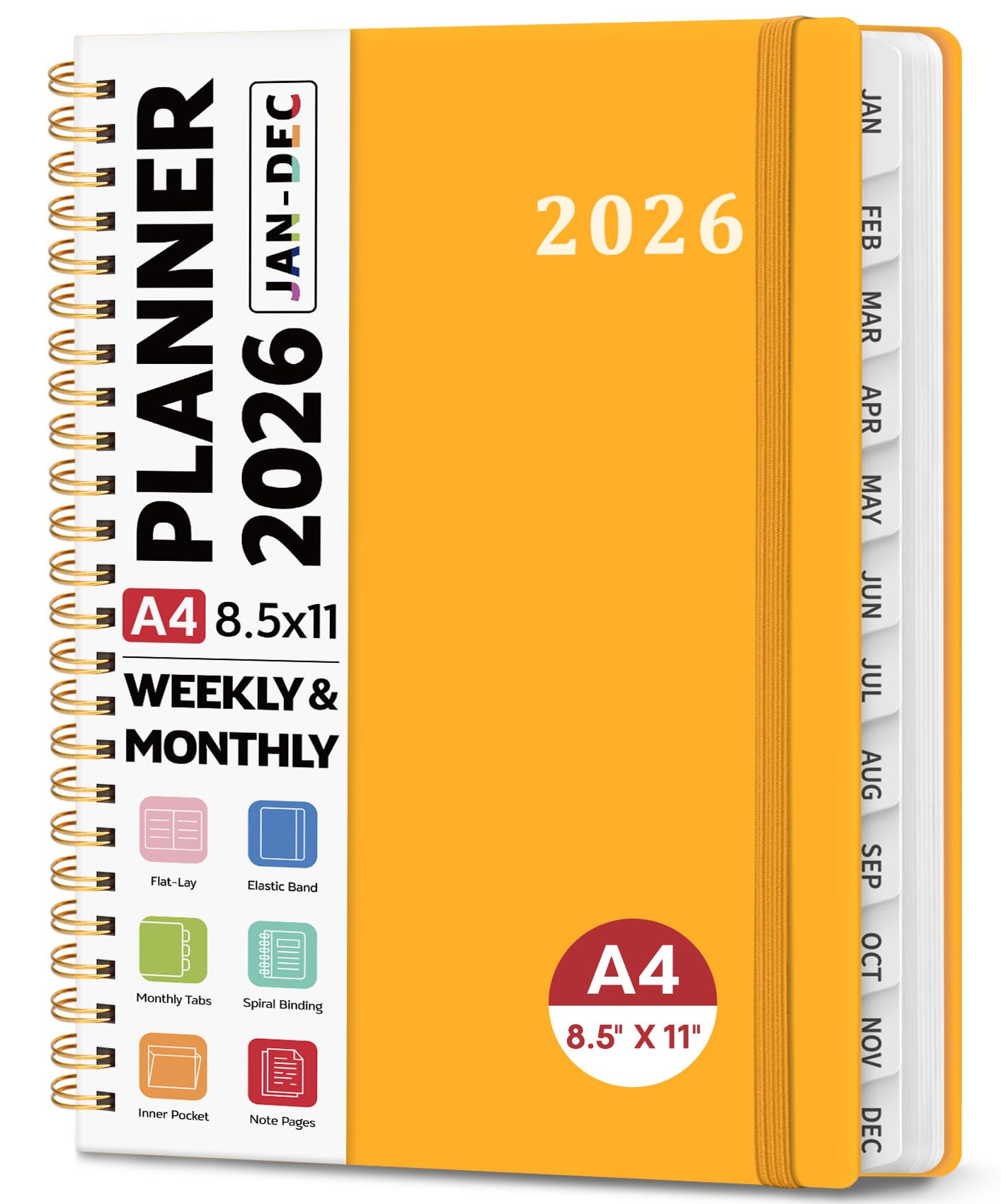 Photo 1 of 2026 Planner 8.5" x 11", Weekly and Monthly Calendar Planner Book, January 2026 - December 2026, Hardcover Spiral Planner with Monthly Tabs, Notes Pages, Perfect for Women & Men, A4 - Yellow
