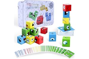 MFJUNS Wooden Expressions Matching Block Puzzle Educational Games Montessori Toys, Face Changing Cube Building Blocks, Uzzle Puzzle Game for Kids Ages 3 Years and Up (16 Blocks, 64 Cards)