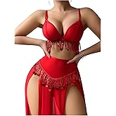 OYOANGLE Women's Sequin Lingerie Rave Outfits for Festival High Waist Split Maxi Skirt Set