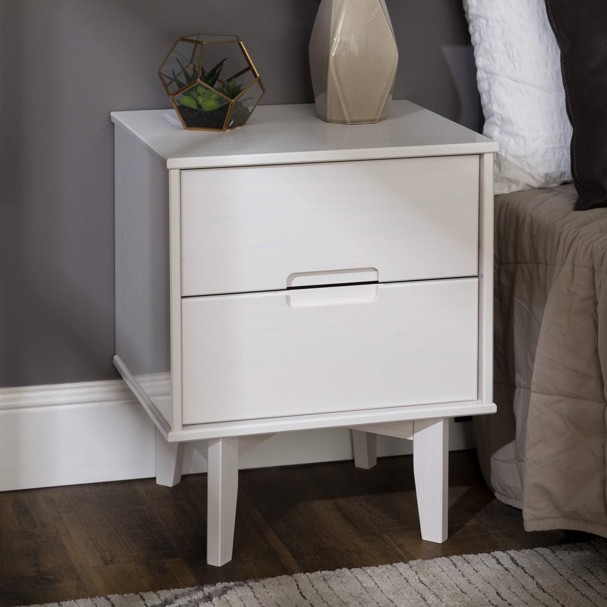 Walker EdisonFurniture AZR2DSLNSWH Solid Wood 2-Drawer Groove Handle End Side Table Nightstand with Storage, 24" H, White