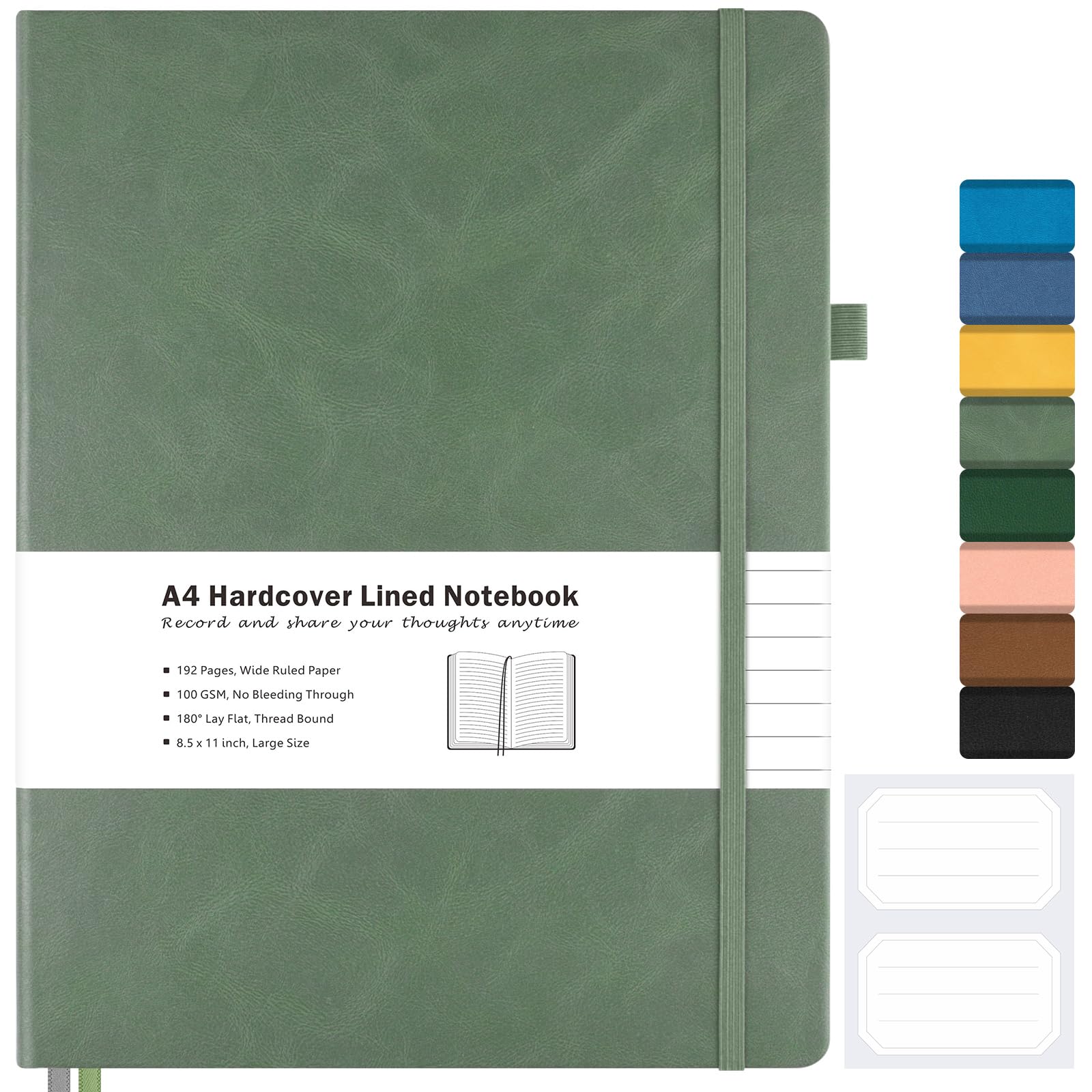 Photo 1 of College Ruled Notebook, A4 Hardcover Leather Notebook for Work, Lined Notebook Journal for Women Men, 192 Thick Paper, Lay Flat Large Notebook with Pockets, Professional Business Notebook, Light Green