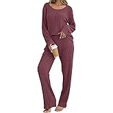 Kocowoo Women's Ribbed Knit Pajama Set Long Sleeve 2 Piece Loungewear Outfits Soft Pj Clothing Set with Pockets