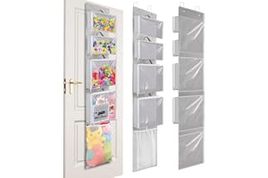 WOODOULOGY Over Door Organizer and Storage, Hanging Toy Holder with 4 Clear Removable Pouches, Toddler Room Wall Stuffed Animal Bag Case, Kids Playroom Closet Organization for Building Block, Puzzle