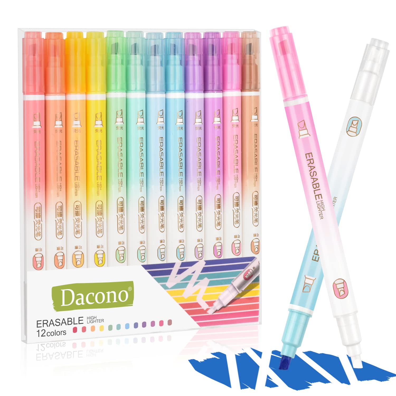 Dacono Erasable Highlighters, 12 PC Double Head Smooth Writing, Chisel Tip Assorted Colors Marker Pens for Journal Bible Planner Notes School Office Supplies