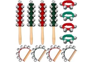 Lukmaa 12 PCS Christmas Hand Jingle Bells Wooden Handle Bells Wrist Band Shaking Bell Stick Musical Percussion Instrument Bell for Xmas Holiday Music Birthday Party Favors(Red and Green, Silver)