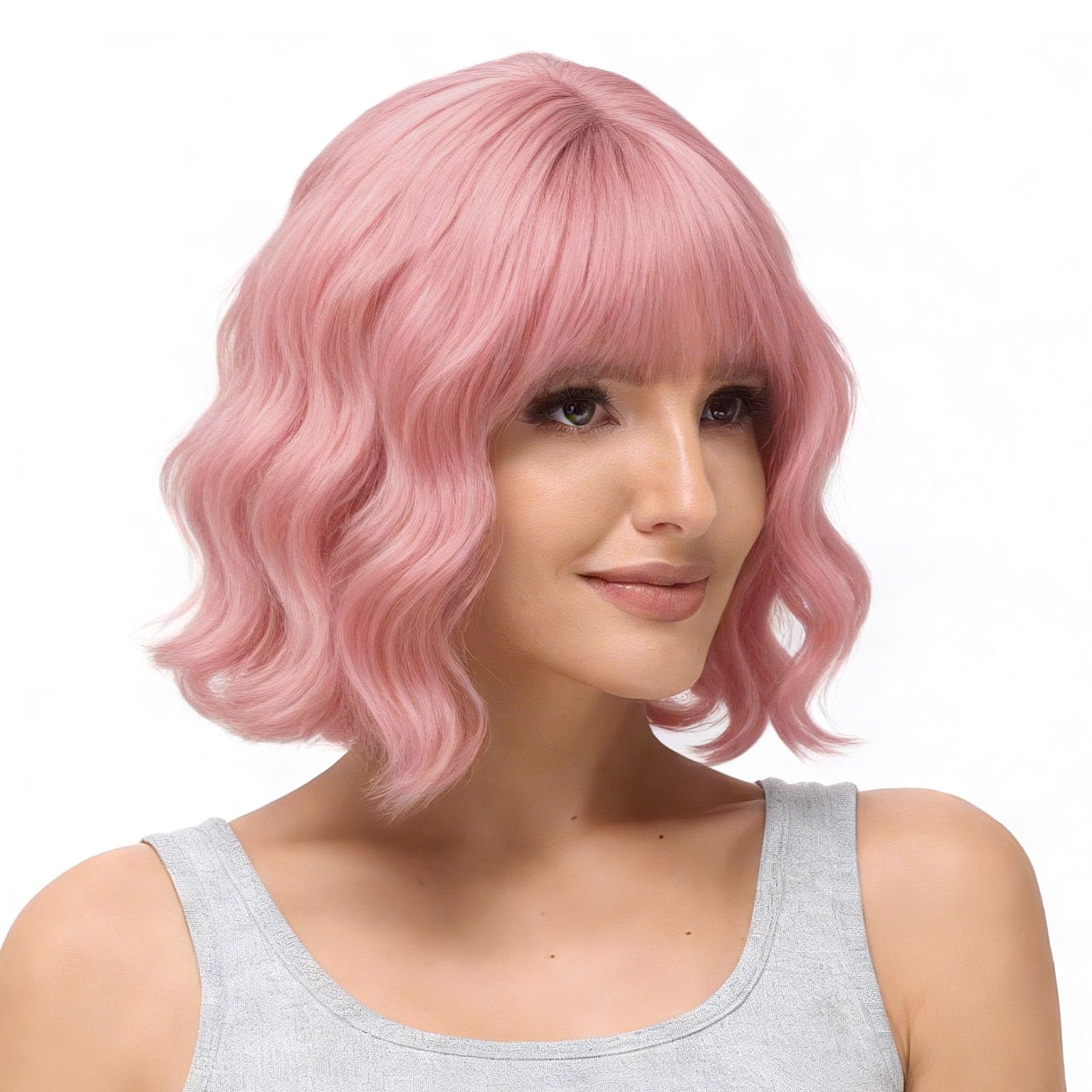 BUYOGET Wavy Bob Wig with Bangs Synthetic Hair Shoulder Length 12 Inch Short Curly Wigs for Women Natural Pink — image 1