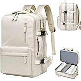 KEQIKAI Travel Laptop Backpack 30L for Men Women, Expandable Carry on Backpack Airplane Approved, Large Waterproof 15.6" Daypack Backpacks with USB Charging Port for Trip College Hiking, Beige