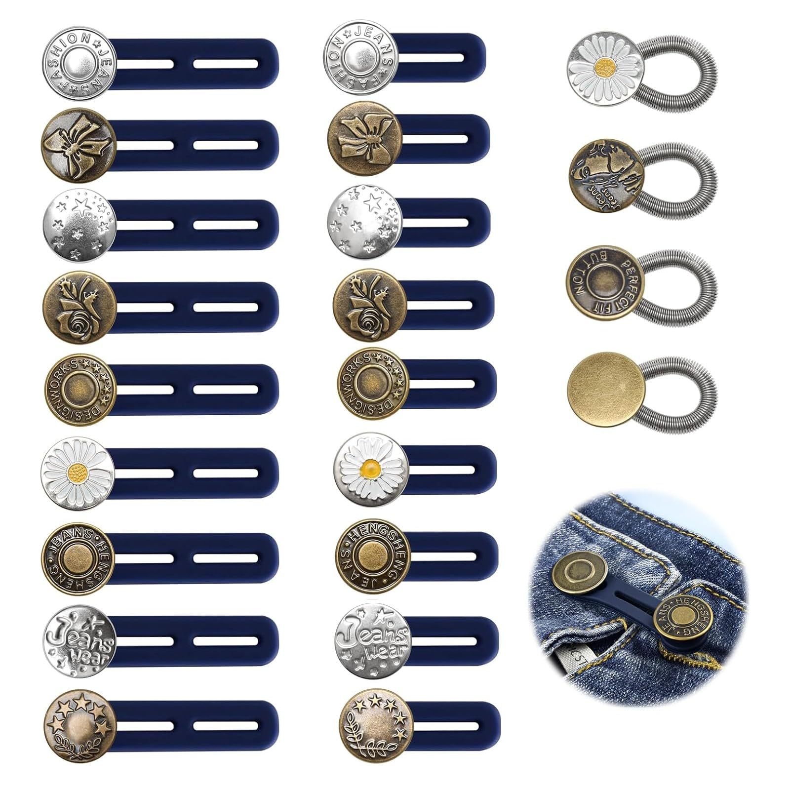 22 Pcs Button Extender for Trousers, Adjustable Button Waist Extender 3 Sizes, Jeans Waistband Button Extender Set, Elastic Collar Extenders for Jeans Skirts Trousers