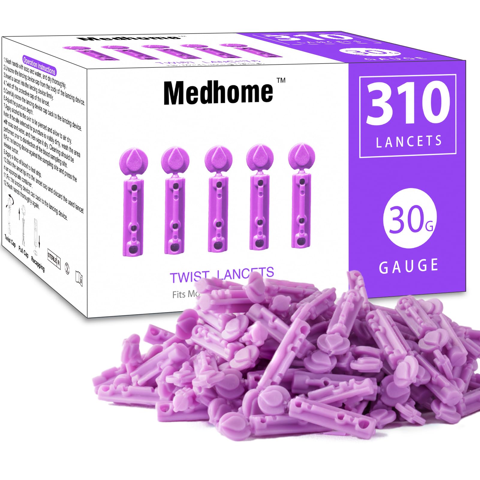 Blood Lancets, Single use, 30 Gauge Twist top Lancets for Diabetes Testing, Fits Most Lancing Devices for Blood Sugar Kit and Glucose Meter - 310 Count per Box - Purple