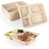 50 Pack 4-Compartment Disposable Plates, 11" x 8" Compostable School Lunch Tray Divided Paper Plates, Eco-Friendly Sectional Plate Paper Tray for School, Party, Made of Wheat Straw Fiber