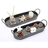 Hipiwe Set of 2 Galvanized Metal Iron Tray with Handles Oval Farmhouse Serving Tray Rustic Industrial Decorative Tray Centerpiece Tray for Coffee Table Weddings Home Decor