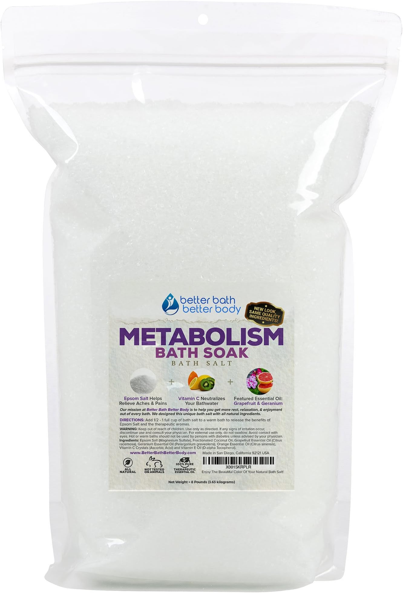 Metabolism Bath Salt 128 Ounces Epsom Salt with Grapefruit, Geranium and Orange Essential Oils Plus Vitamin C and All Natural Ingredients