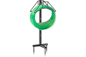 SURPRIZO Water Hose Holders for Outside, Freestanding Garden Hose Holder Stand with Detachable Nozzle Hanging Hook, Heavy Duty Metal Hose Storage Rack for Outside Lawn & Yard, Black