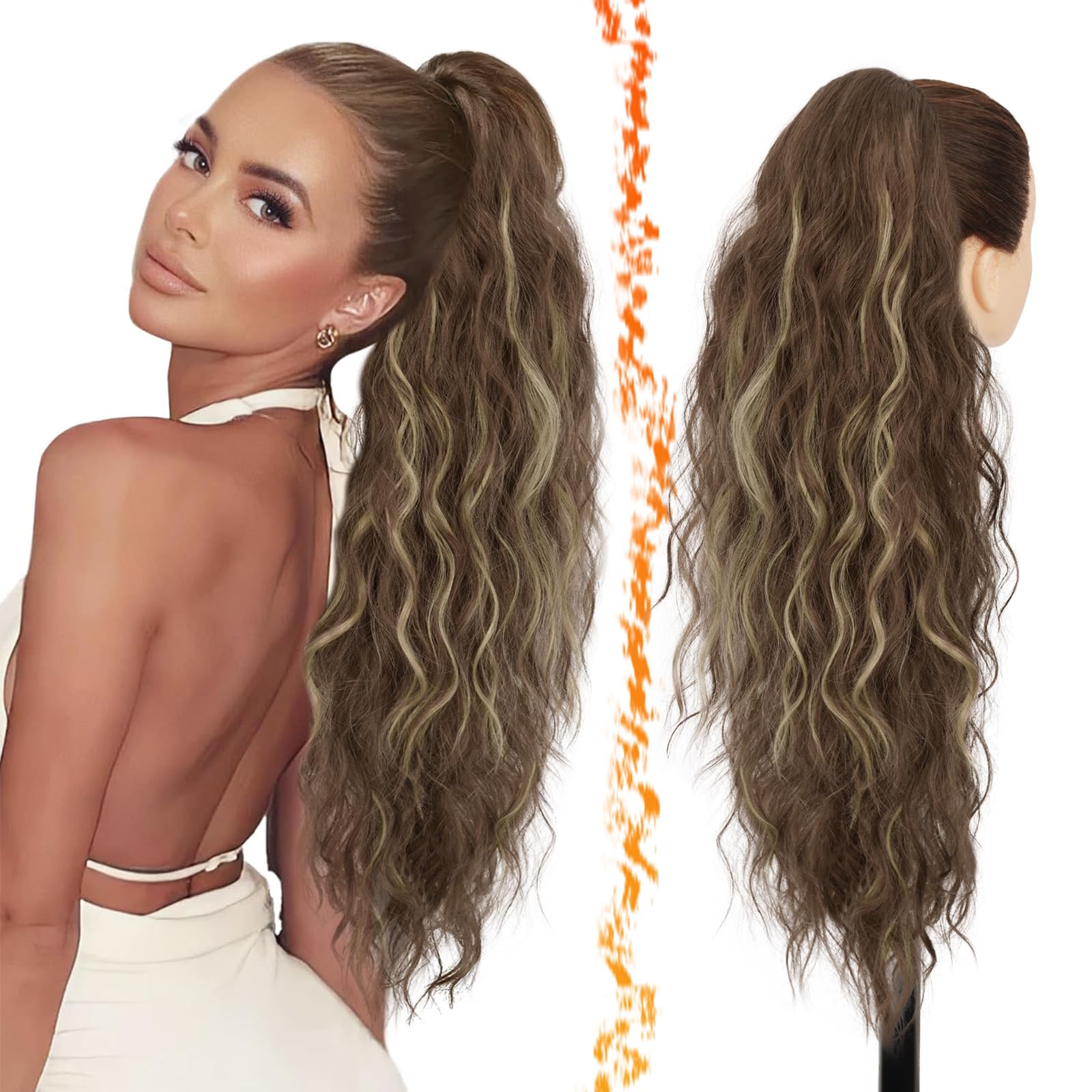 BARSDAR Drawstring Ponytail Extension, Long Curly Wavy Highlight Drawstring Ponytail Hair Extensions for Women, Synthetic Clip in Ponytail Hairpieces Fake Pony Tail, 26 Inch Brown & Ash Blonde