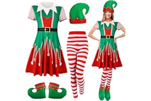 Floraltop 4 Pcs Women Christmas Elf Costume Set Santa's Helper Christmas Dress Elf Hat Striped Tights Shoes for Women