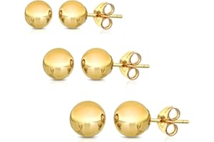 PORI JEWELERS 14K Solid Gold Ball Stud Earrings (3-Pair-Pack) 3MM 4MM and 5MM - Choose a Color