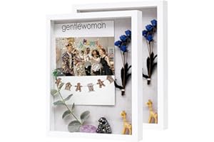 Muzilife 11X14 Shadow Box Picture Frame with Linen Board Deep Wood Glass Display Case Ready to Hang Memory Box Baby Sports Memorabilia, Pins, Awards, Medals, Wedding, Tickets and Photos, White, 2pcs