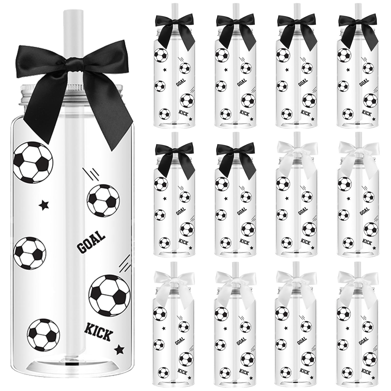Photo 1 of AKPMJ 12 Pack 14.2 oz Plastic Cups with Lids and Straws Clear Reusable Cups Twist Bows Tumbler Bottle for Birthday Sports Themed Party Favors Decorations Bulk (Soccer)