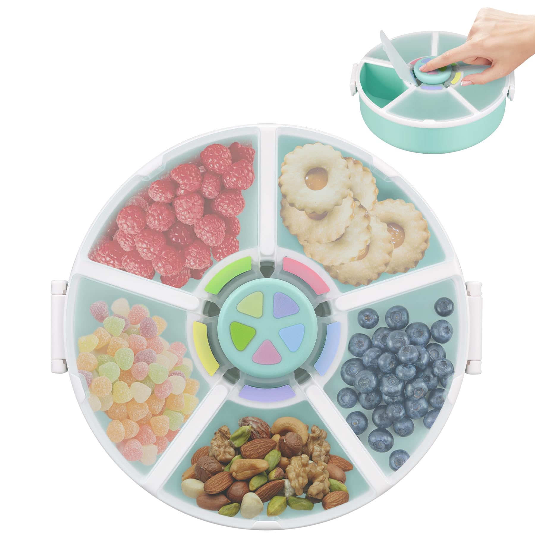 Photo 1 of Pawtong Snack Rotator Container Reusable Snack Box with 5 Compartment Dispenser and Lid, Color Matching Opening Lid, BPA and PVC Free, for Home, School, Travel (1 Pack- Green)