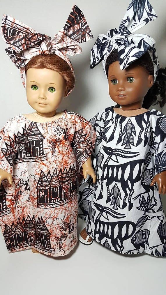 18 inch Doll Ethnic Handmade Kaftans. African Print Kaftan Set with Head Wraps. Fits American Girl, Our Generation, Madame Alexander Dolls
