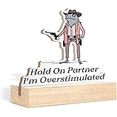TopXmai Funny Office Decor Sign, Hold on Partner I'm Overstimulated Sign Decor,Office Gifts For Women Coworkers,Cowboy Frog Wooden Plaque with Stand for Home Desk