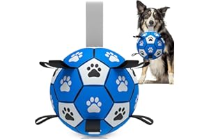 QDAN Dog Ropes Toys, Soccer Ball with Straps, Puppy Birthday Gifts, Durable Balls for Medium Large Dogs-Blue&Grey（8 Inch）