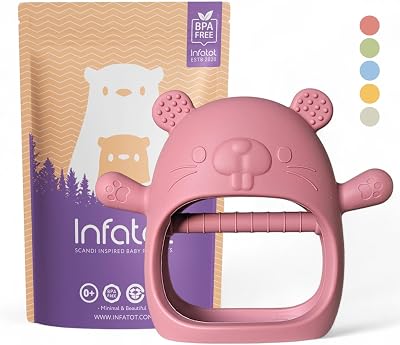 Infatot Chipmunk Teether Mitten Silicone Soothing Glove 0-6 Months Plum