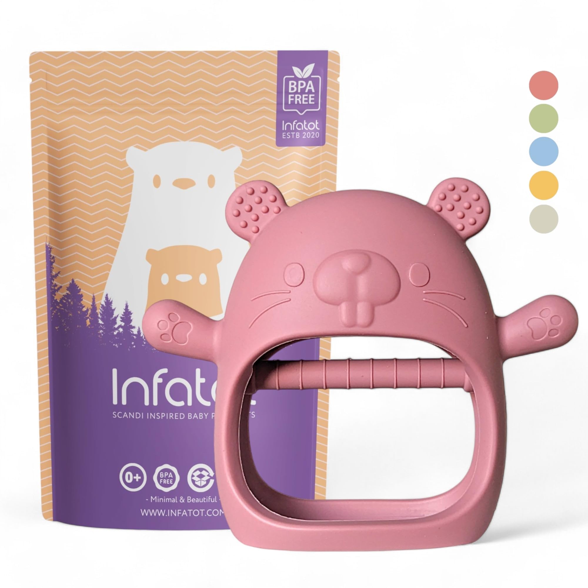 Infatot® Teething Toys for Baby Gifts – Chipmunk Silicone Mitten Teether, Soothing Glove for Infants, Baby Toys 0-6 Months, Soft Chewable Teether Toy to Prevent Finger Sucking, CM Plum.