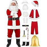 Forfamy Santa Suit Adults Men Christmas Santa Claus Costume for Men Deluxe Fancy Cosplay Outfit Santa Hat Beard Sack