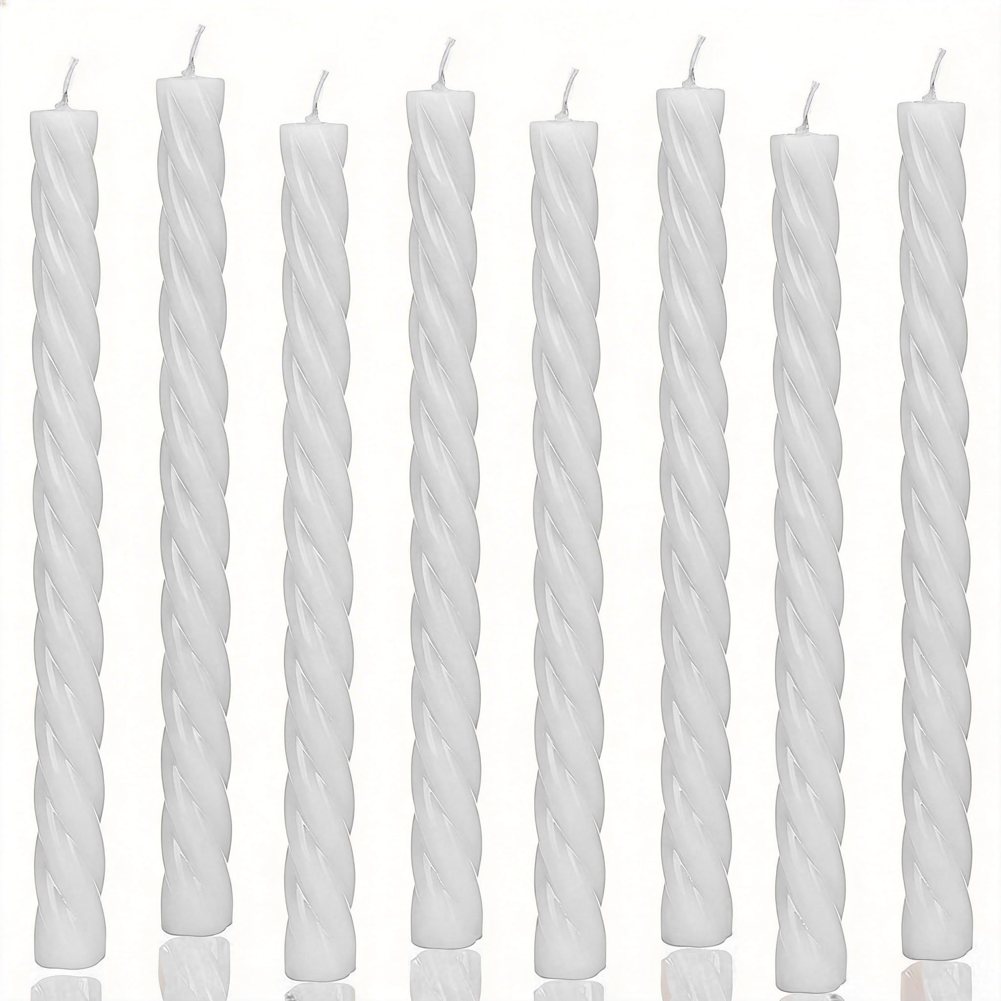 Photo 1 of 10 Inch Baby Blue Spiral Taper Candle Set, 8 Pack Unscented Dripless Long Burning Time Candlesticks for Dinner Party, Wedding Shower and Home Decoration (White)