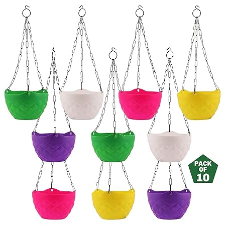 Altino Plastic Hanging with Chain Planter | Hanging Pots for Plants | Multicolor, Color May Vary (Pack of 10)