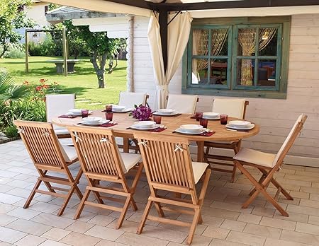 Set Pranzo Da Giardino In Legno Teak Con Tavolo Sedie E Cuscini
