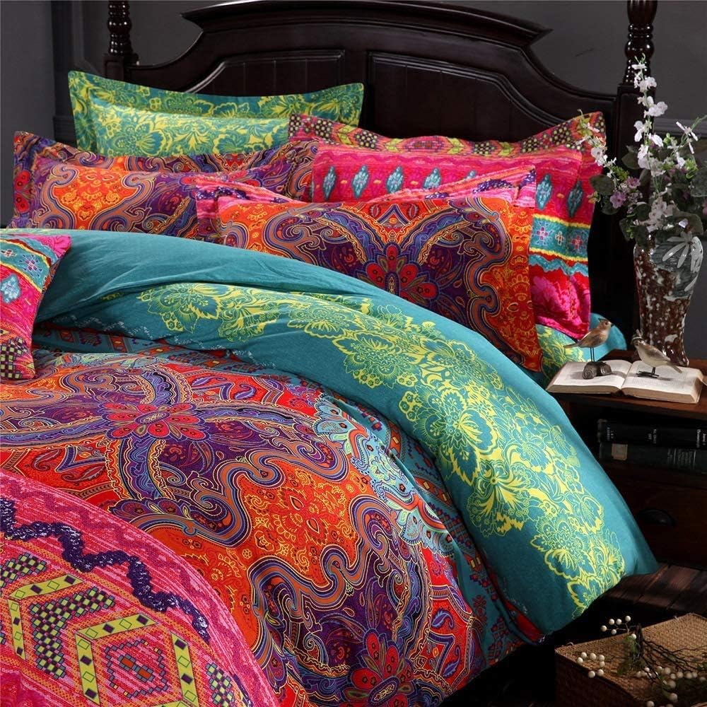 USTIDE Exotic Brushed Cotton Duvet Cover Set 3Pc - Bohemian Mandala Floral Design, Double Size(200x200cm) Bedding Set, Wrinkle-Resistant & Hypoallergenic, 400 Thread Count — image 1