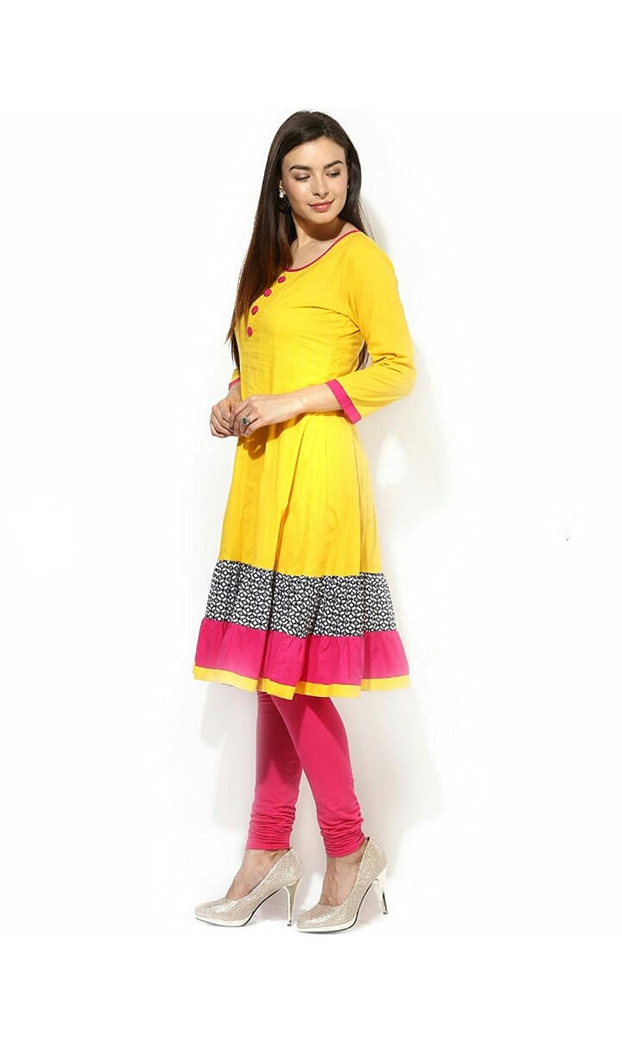 anjushree choice women's yellow anarkali stitched cotton kurti