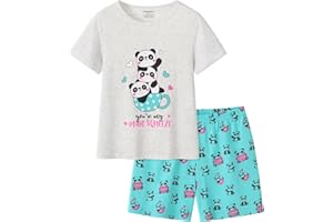 UNICABBIT21 Summer Pajamas for Girls Big Kids Cute Cartoon Soft Nighty Sleepwear 2-Piece Short Sleeve Set Size 6-16
