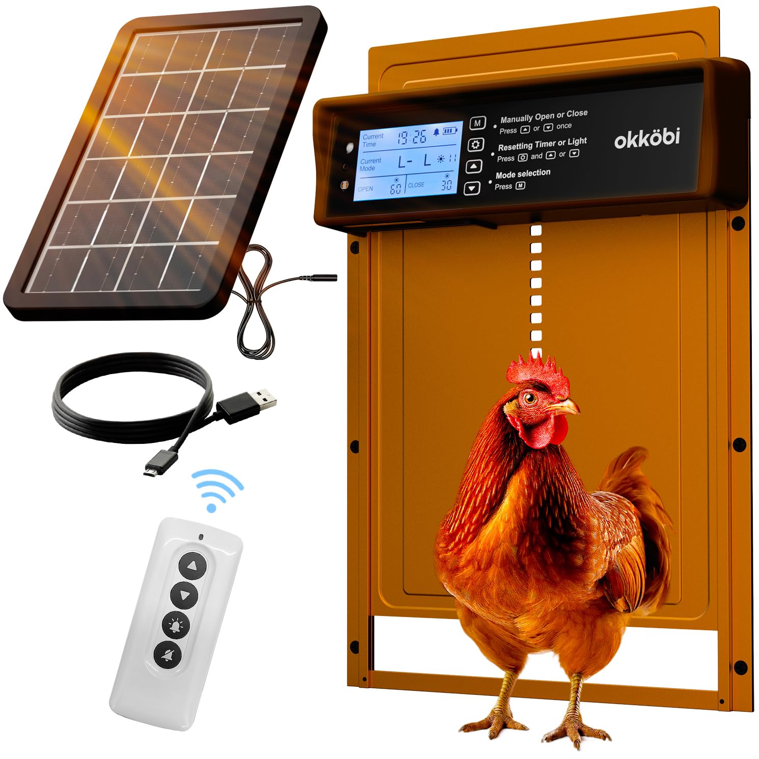 Photo 1 of Okkobi Automatic Chicken Coop Door Solar Powered - LCD Display - Chicken Coop Door with Remote Control, Light Sensor & Timer - Security & Peace of Mind: Anti-Pinch Function - 5-Year Protection