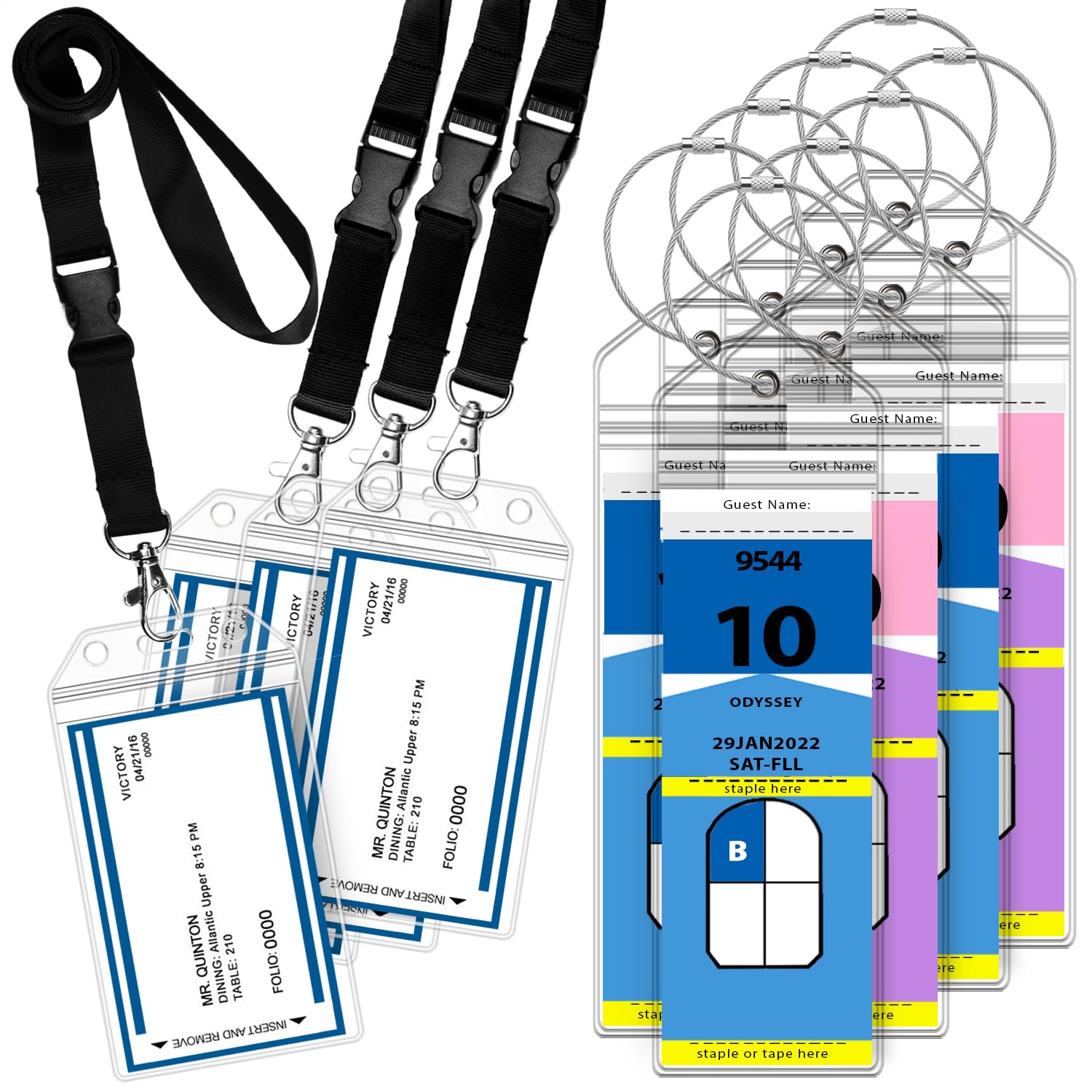 GreatShield Cruise Luggage Tag Holder (8 Pack) + ID Holder with Lanyard (4 Pack) Weather Resistant PVC Zip Seal Pouch & Steel Loop for Royal Caribbean and Celebrity Cruise Line