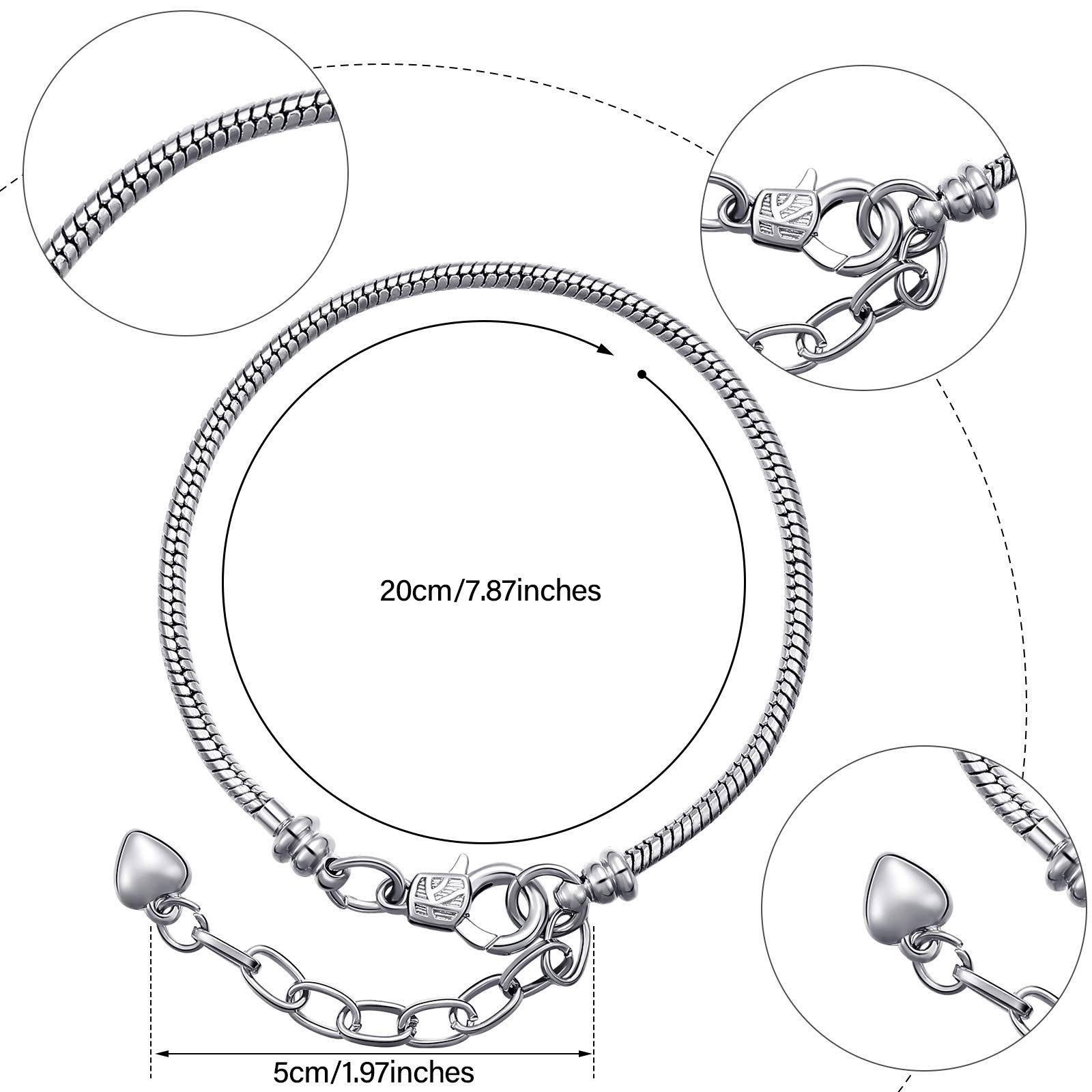Hicarer 20 Pcs Chain Bracelet for Jewelry Making Women DIY Adjustable Snake Charm Bracelet with Heart Shape Extender Chain(Silver)