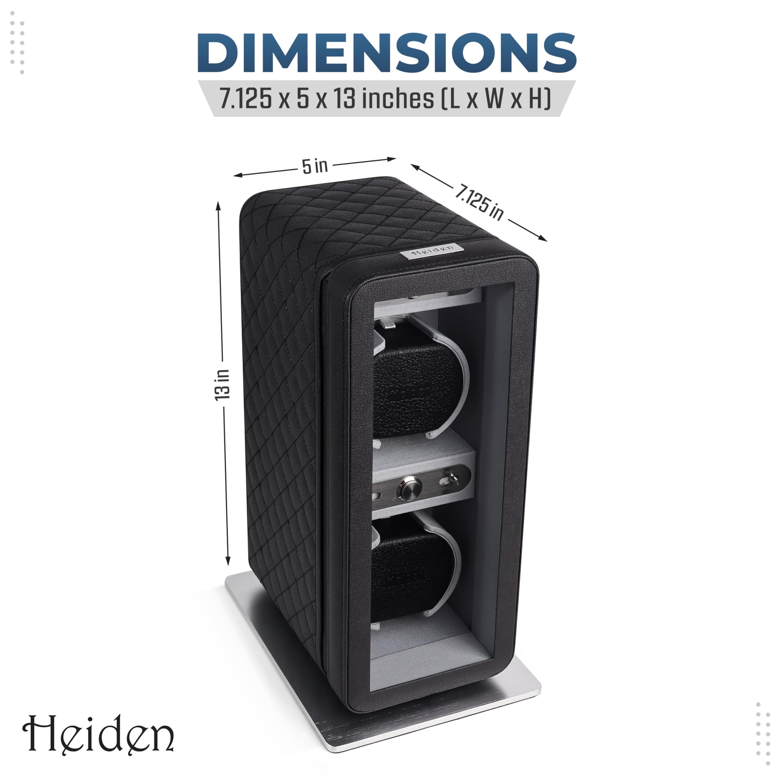 Heiden Monaco Double Watch Winder in Black Leather - Battery Powered or AC Adapter, 12 Program Settings, Diamond Stitched Vegan Leather, Soft Linen Interior, Large Interior Space for Large Watches