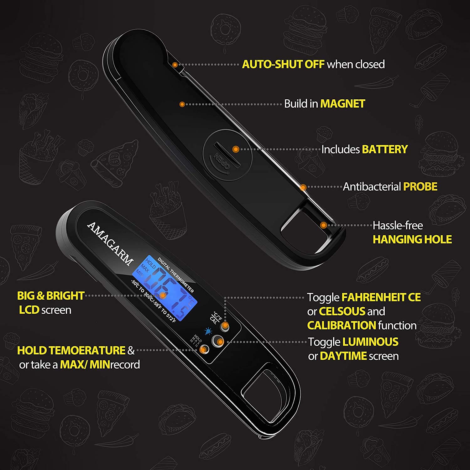 [Latest 2020] AMAGARM Meat Food Thermometer for Grill and Cooking, 2S Best Ultra Fast Instant Read Waterproof Digital Kitchen Thermometer Probe for Grilling, BBQ, Baking, Candy, Liquids, Oil: Industrial & Scientific