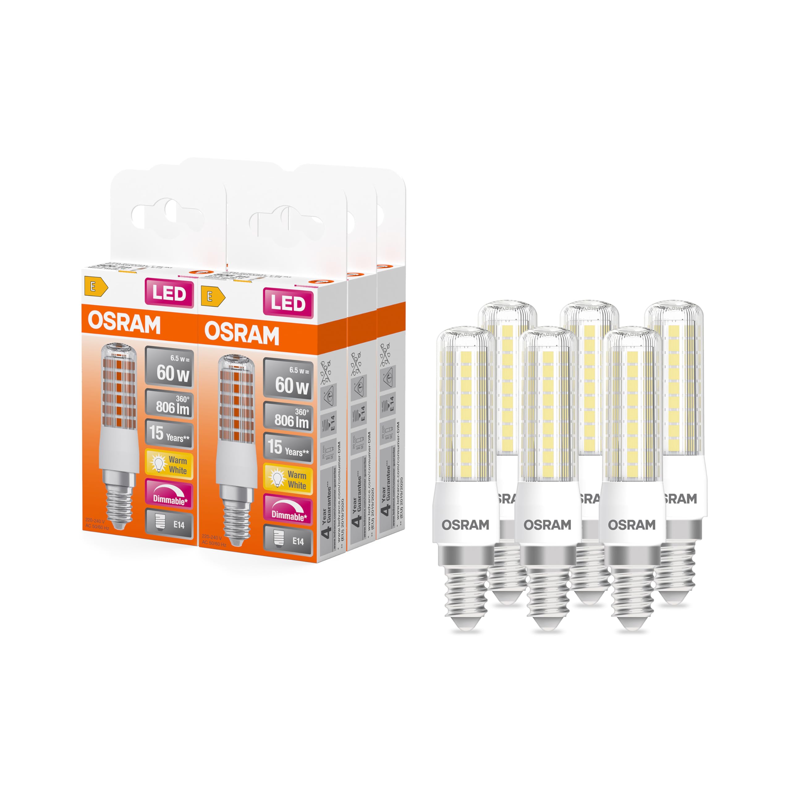 OSRAM LED Superstar Special T Slim, Dimmable Slim LED Special lamp, E14 Base, Warm White (2700K), Replacement for Conventional 60W lamp, 6-Pack