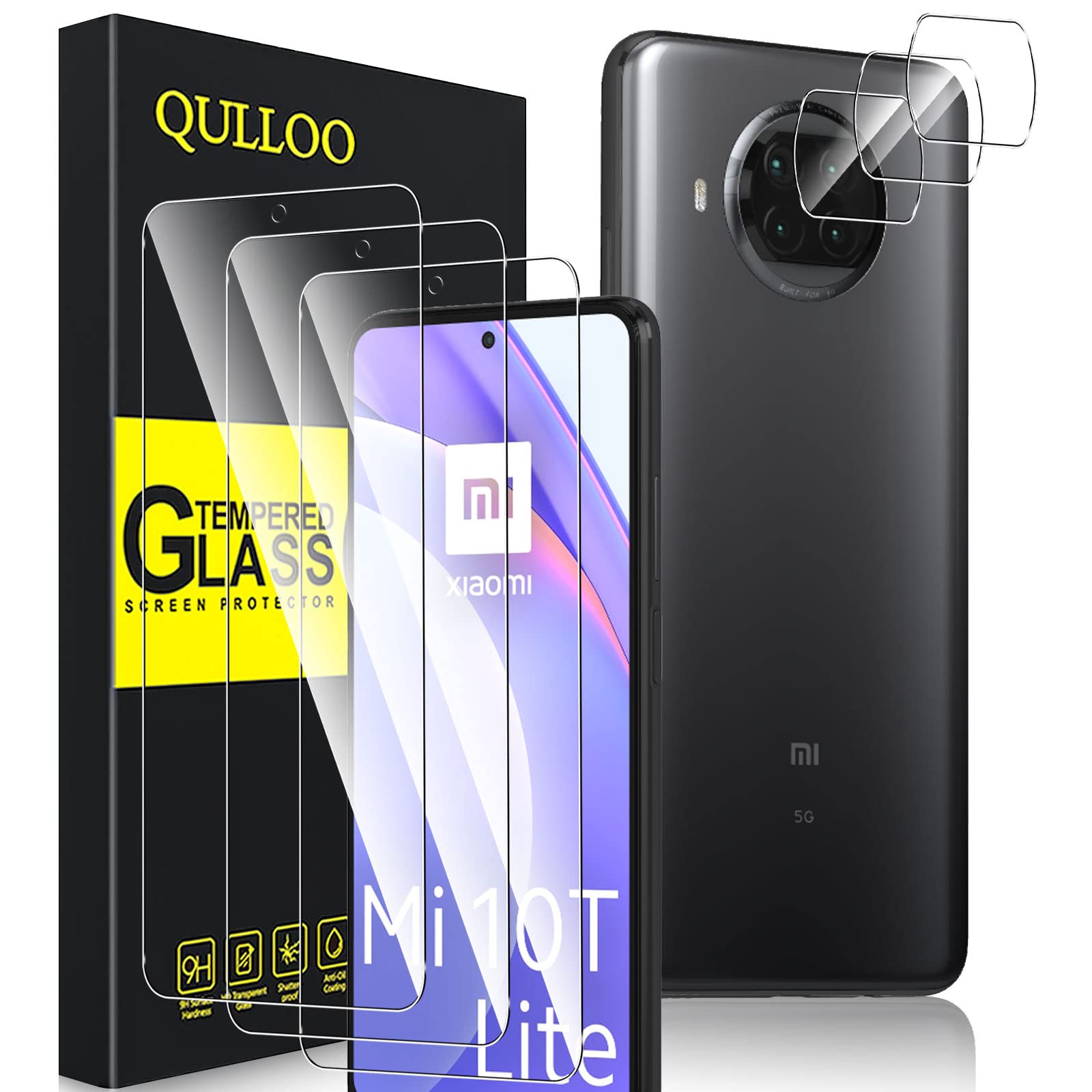QULLOO for Xiaomi Mi 10T Lite 5G Glass Screen Protector [3 Pack] + Camera Lens Glass Protector [3 Pack], Ultra Resistant 9H Hardness HD Clear Screen Protector Film