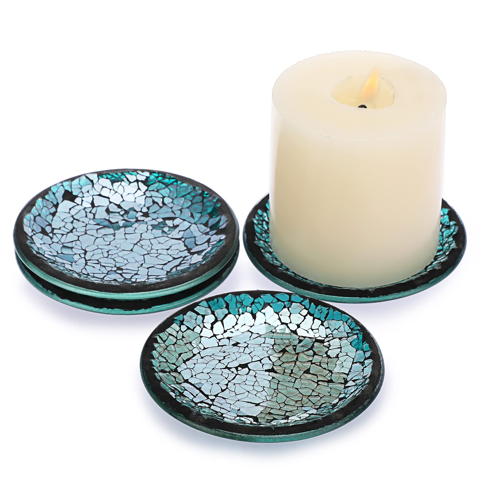 BSTKEY Set of 4 Mosaic Glass Candle Plates, 10cm/ 4 Round Candle Plate Holder, Decorative Pillar Candle Holder Tealight Candle Mat, Cup Plate Coasters (Blue)