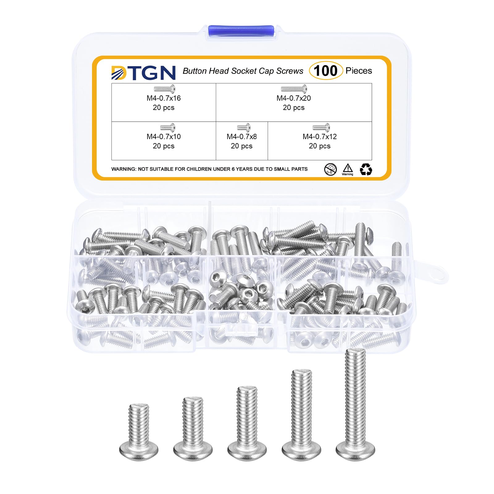 DTGN 100Pcs M4-0.7x8/10/12/16/20mm Button Head Socket Cap Screws - 304 Stainless Steel Bolt Nut Set Washer Assortment Kit - Good for Road Bicycle, Mountain Bike, Auto